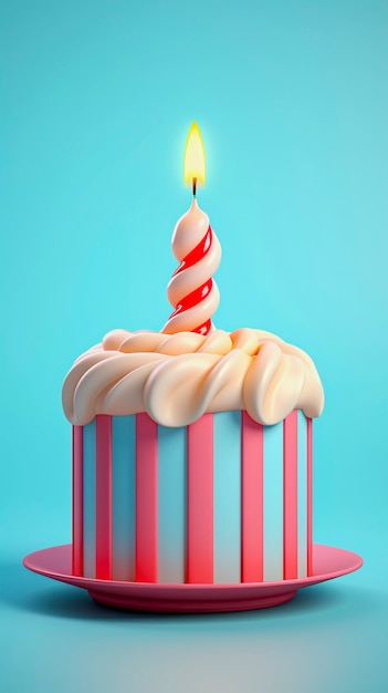 Free photo 3d birthday cake with lit candle on top