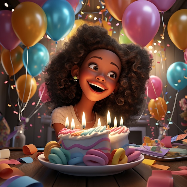 Бесплатное фото Иллюстрация мультфильма празднования дня рождения 3d