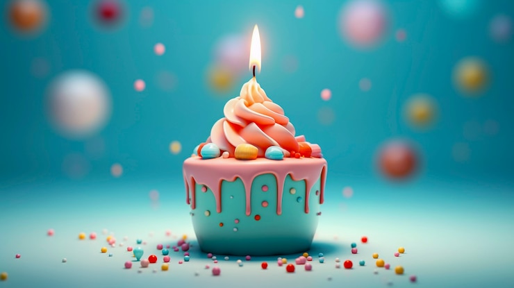 Free Photo 3d birthday cupcake with lit candle on top