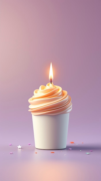 Free photo 3d birthday cupcake with lit candle on top