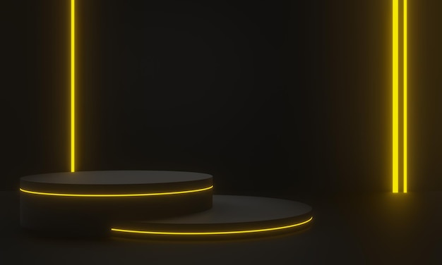 노란색 네온 불빛이 있는 3d 검은색 제품 스탠드