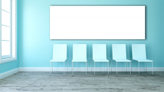 Free photo 3d blank canvas in an room with line of chairs