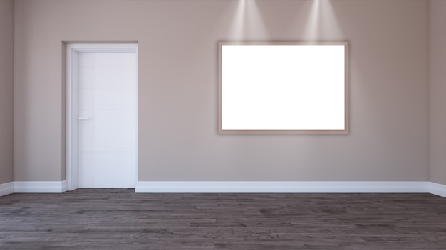 3D blank picture frame in an empty room