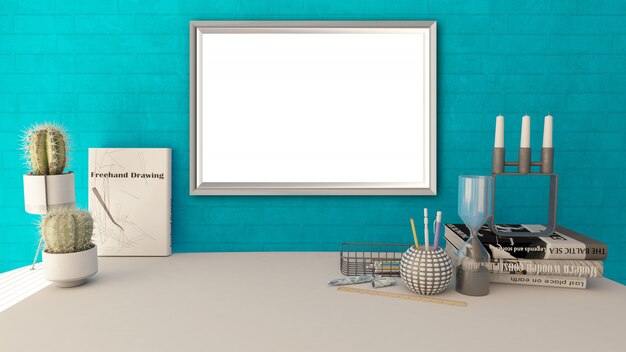 3D blank picture frame in a modern home office