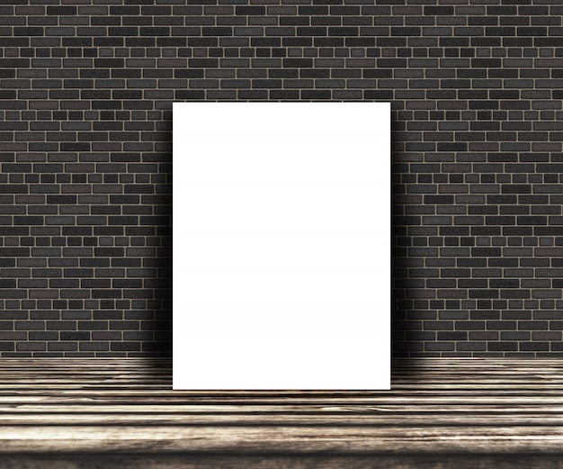 Free photo 3d blank picture on a wooden table leaning against a brick wall