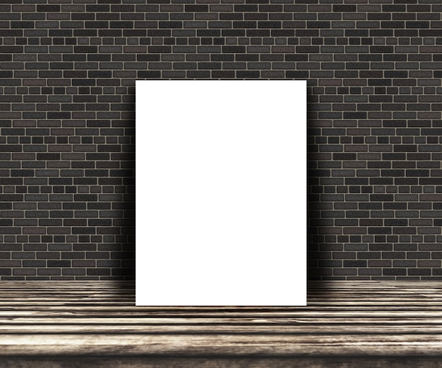 3D blank picture on a wooden table leaning against a brick wall