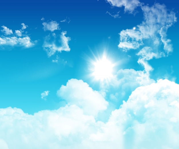 3D blue sky with fluffy white clouds