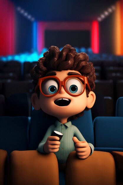 영화관에서 영화를 보는 3D 소년