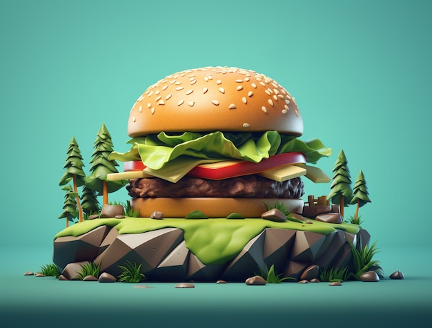 Бесплатное фото 3d бургер с элементами природы