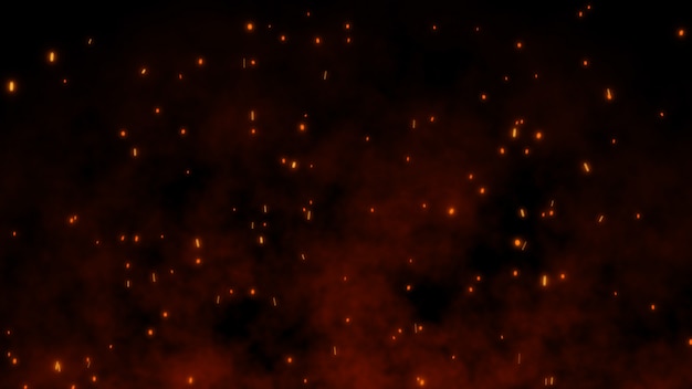 3d burning embers glowing, fire glowing particles on black background