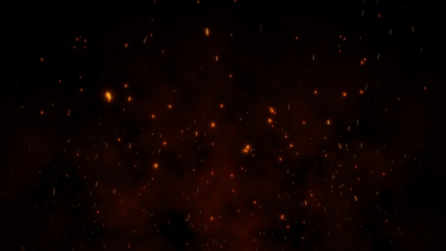 3d burning embers glowing, fire glowing particles on black background