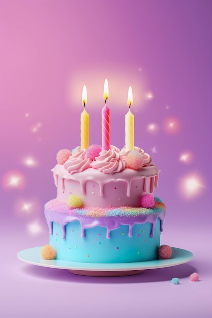Free photo 3d cake with lit candles on top