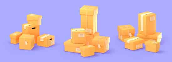 Free photo 3d cardboard package boxes in stacks