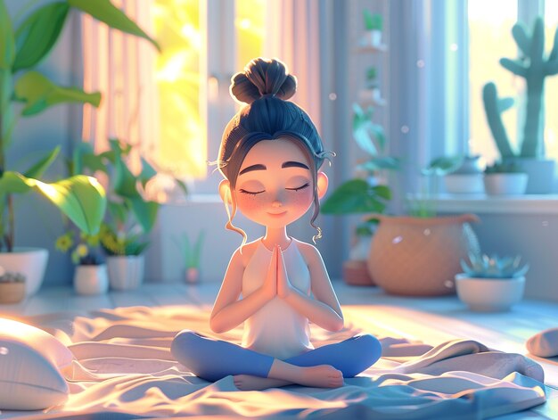 3d cartoon character practicing yoga and meditation