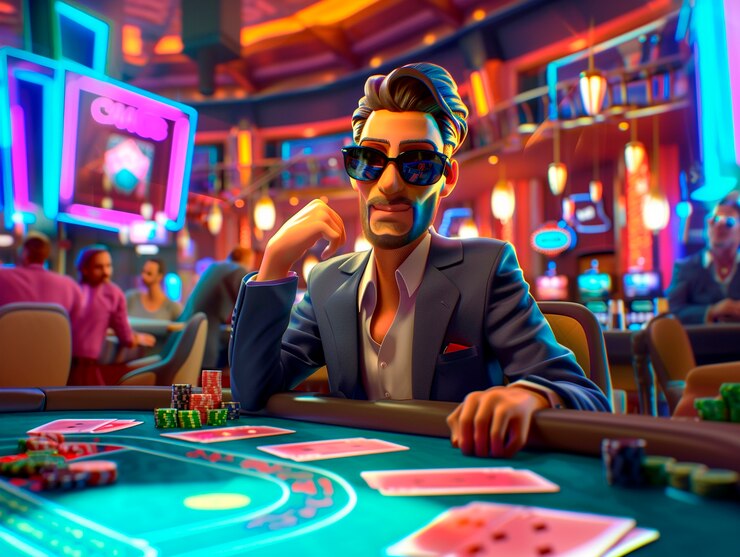 3d cartoon rendering of person playing in a casino