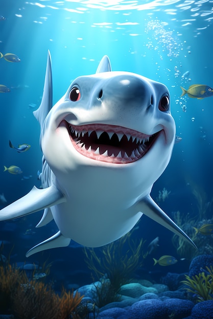 Free photo 3d cartoon shark underwater