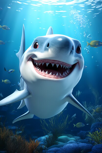 3d cartoon shark underwater
