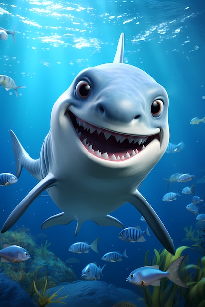 Free photo 3d cartoon shark underwater