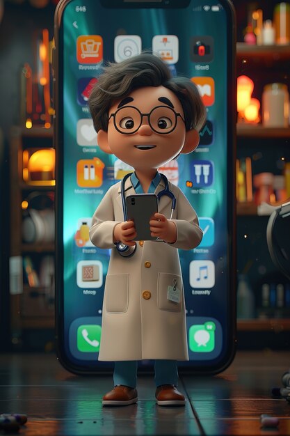 Free photo 3d character emerging from a smartphone