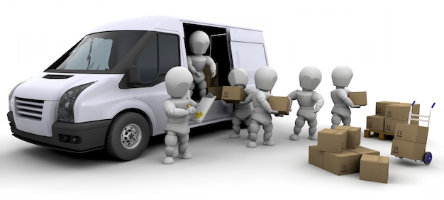 3d characters with boxes and a van