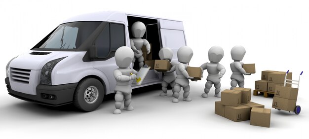 3d characters with boxes and a van