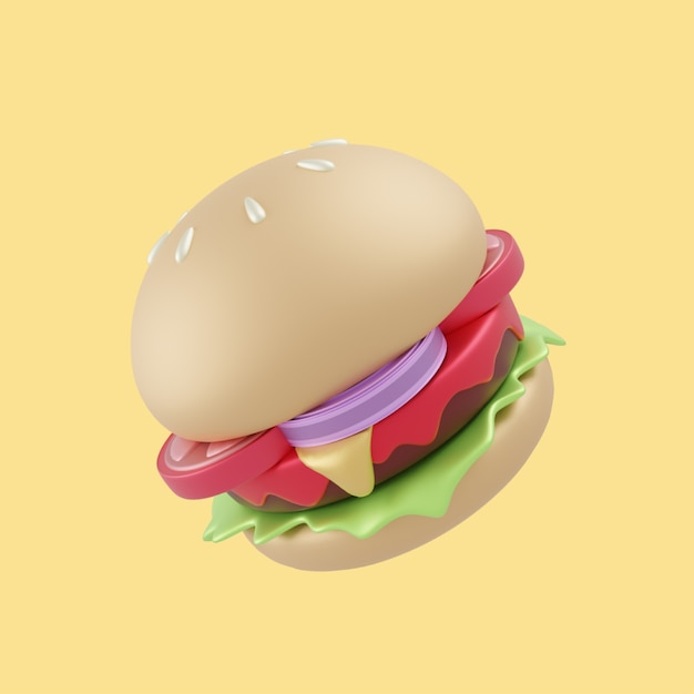 3Dチーズバーガー漫画アイコンイラスト。 3D食品オブジェクトアイコンコンセプト分離プレミアムデザイン。フラット漫画スタイル