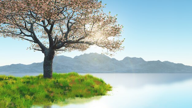3D дерево вишни на травянистом берегу против горного пейзажа