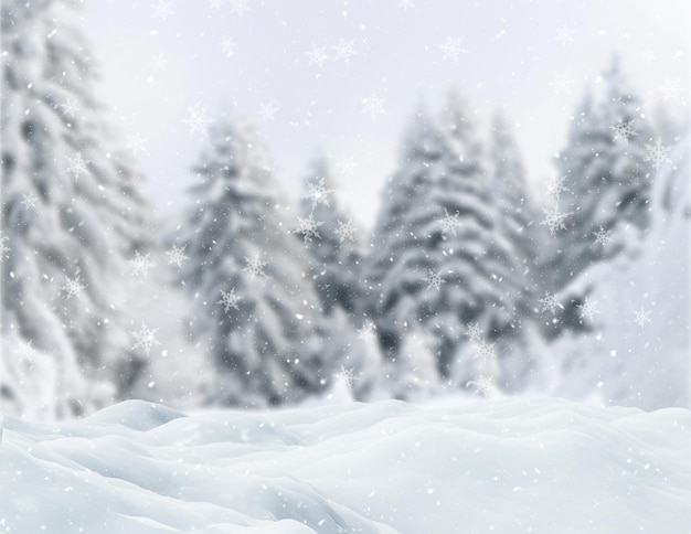 Foto gratuita priorità bassa di natale 3d con neve contro un paesaggio dell'albero di inverno