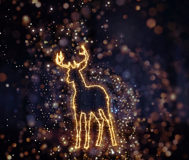 輝く鹿の輪郭と3Dクリスマスの背景
