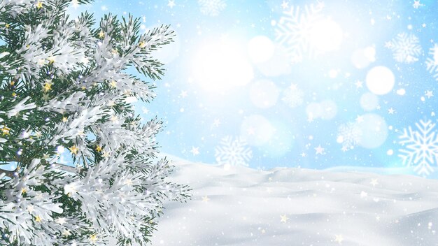 雪に覆われた冬の風景にツリーと 3 D クリスマスの背景