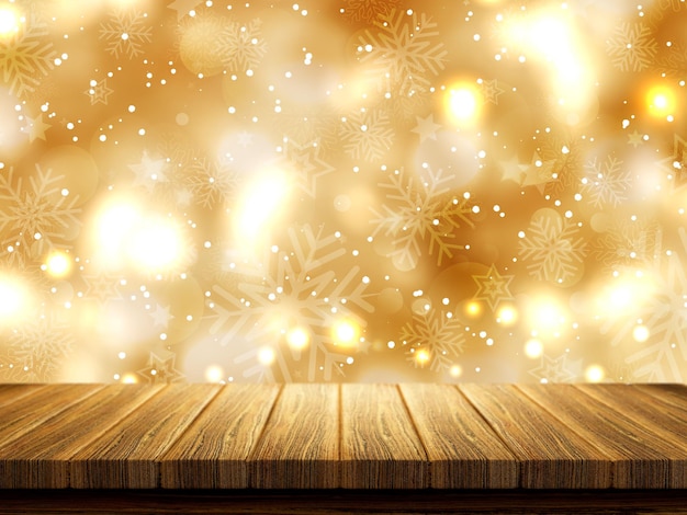 Foto gratuita sfondo di natale 3d con tavolo in legno che si affaccia su un design di luci bokeh