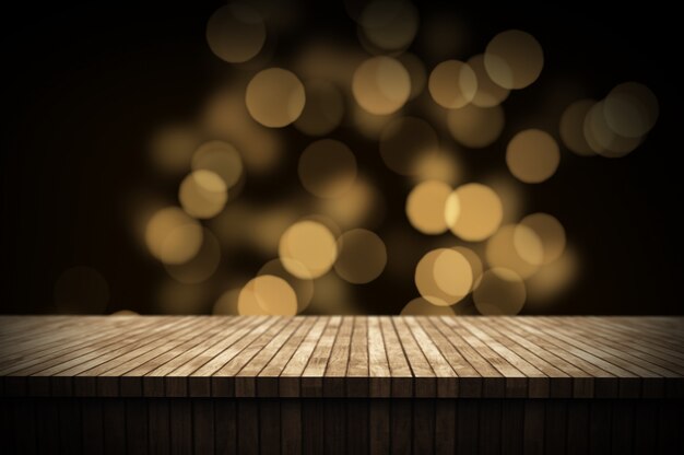3D Christmas background with wooden table looking out to bokeh lights