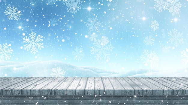 3D Christmas background with wooden tables with snowy landscape