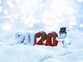 Foto gratuita paesaggio della neve di natale 3d con il pupazzo di neve che porta il nuovo anno 2020, cartolina d'auguri