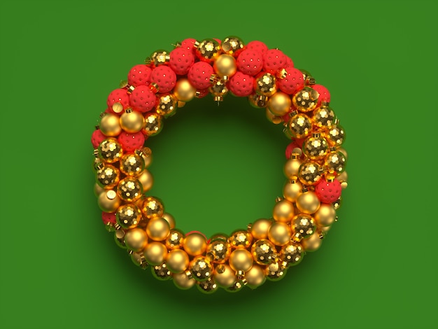 装飾的な要素を持つ3Dクリスマスリース。メリークリスマス、そしてハッピーニューイヤー。 3Dレンダリングのイラスト。