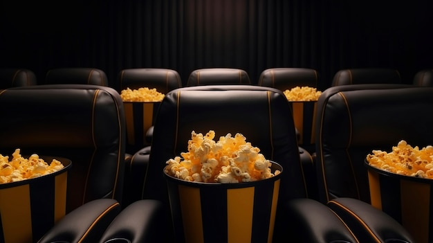 Foto gratuita sedili da cinema 3d con tazze di popcorn