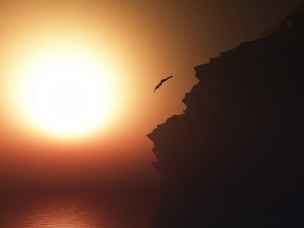 夕焼けの空を背景に高い崖から海に女性のダイビングのレンダリング3D