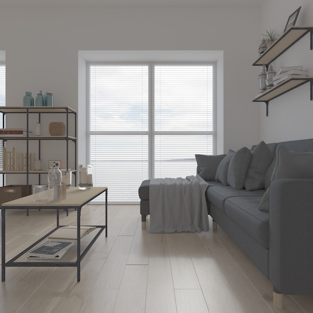 3D現代的なリビングルームのインテリアとモダンな家具
