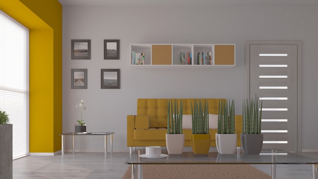 3Dコンテンポラリーなリビングルームインテリアとモダンな家具