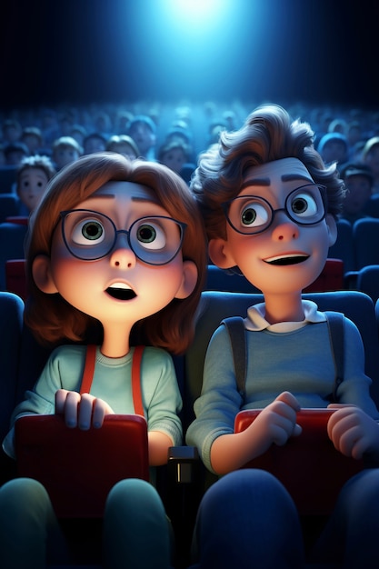 영화관에서 영화를 보는 3D 커플