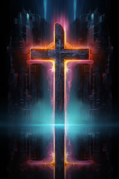 Free photo 3d cross with bright lights