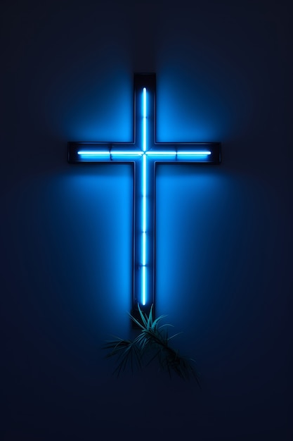 Free photo 3d cross with neon lights