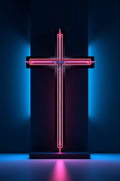 Free photo 3d cross with neon lights