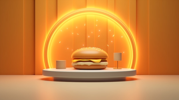 明るい光の表彰台上の 3 d のおいしいハンバーガー