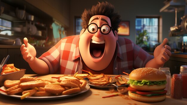 3d delicious burger with excited man
