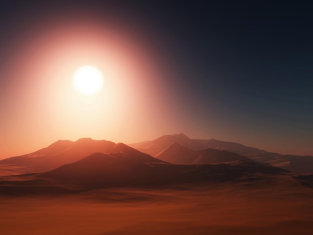 3D пейзаж пустыни на фоне закатного неба