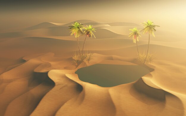 3D desert scene with oasis of water and palm trees
