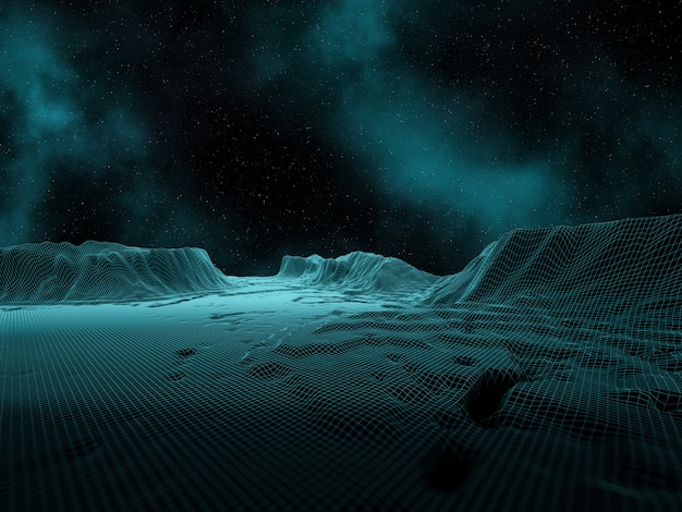 3D digital landscape with space sky and nebula