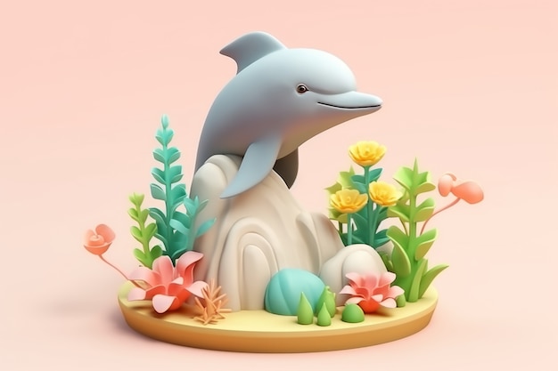 Free photo 3d dolphin with plants