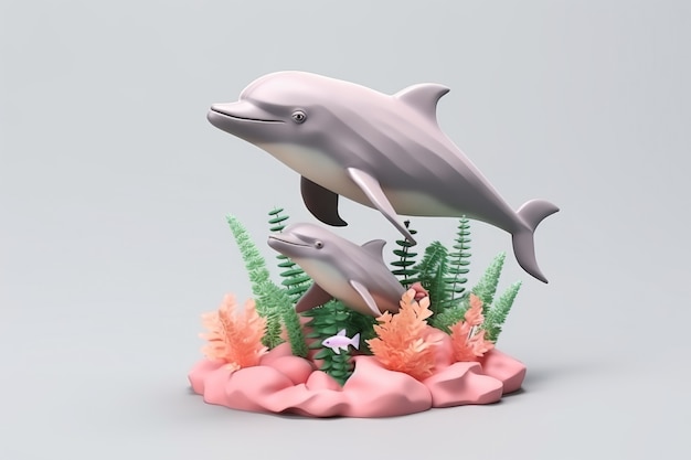 Free photo 3d dolphin with plants